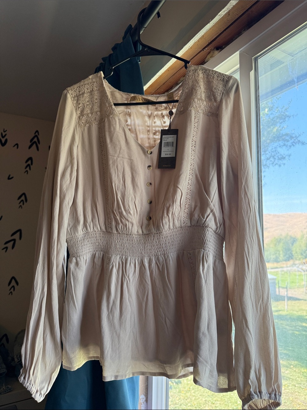 Shyanne Cream Long-Sleeve Peasant Blouse with Lace Yoke